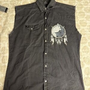 Used WOLF SOUL Spiral Sleeveless Vest Shirt  Snap Closure Black L Goth Grunge